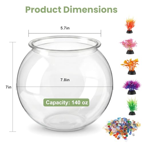 1 Gallon Round Plastic Fish Bowl Set, Crystal Clear Plastic Aquarium for Fish with 5 Decorative Plants and 8.8oz Colorful Stones, Small Fish Tank for Home Decoration - Image 3