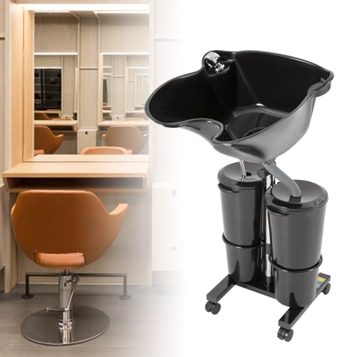 Shampoo Bowl Portable Hairdressing Backwash Unit Salon Wash Hair Basin Sink with 10 L 2 Tanks Buckets Drain Hoses and Wheels, Height Adjustable Hair Washing Sink for Barber Shop Elderly/Pregnant Woman