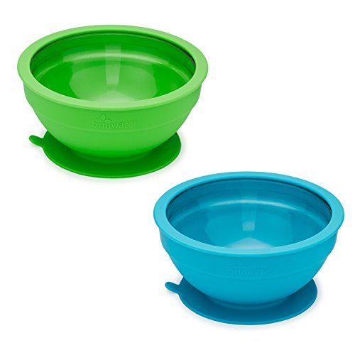 brinware 2 Piece Glass and Silicone Suction Bowls, Blue Green