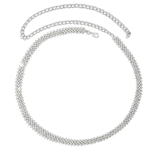 Women's Rhinestone-Chain-Belt Silver-Diamond-Waist-Belts Adjustable for Wedding-Bridal Dress 27-36''Waist