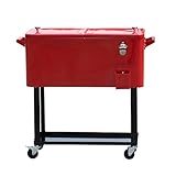 Tenive 80-Quart Retro Cooler Patio Rolling Matel Cooler Steel Ice Chest Portable Patio Party Bar Drink Entertaining Outdoor Cooler Cart - Red