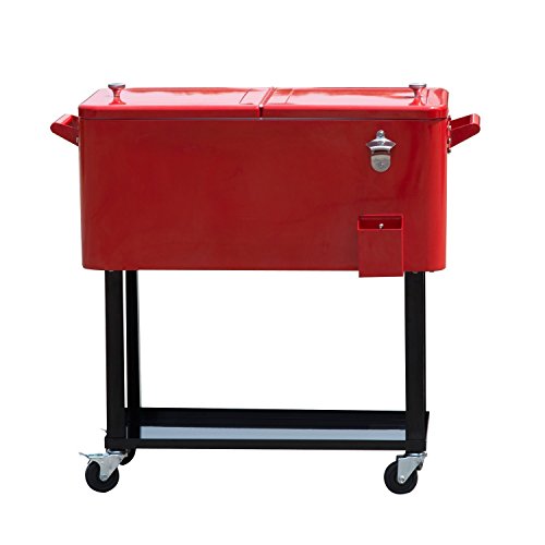 Tenive 80-Quart Retro Cooler Patio Rolling Matel Cooler Steel Ice Chest Portable Patio Party Bar Drink Entertaining Outdoor Cooler Cart - Red