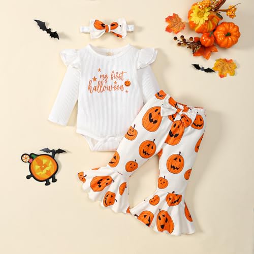 My First Halloween Outfit Newborn Baby Girl Outfits Pumpkin Long Sleeve Ribbed Romper Flare Pant Headband 3Pcs4
