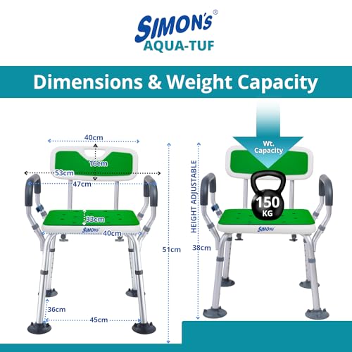 Image of Simon's Aqua-TUF Heavy-Duty Bath Chair for Elderly, Senior Citizens to sit and take Bath, Shower Bench with Jumbo Suction Grips Base | Height Adjustable & Tool-Free Assembly - Green - Pack of 1