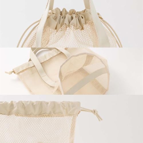 Travel storage mesh hollowed out tote bag with drawstring pockets and foldable ultra light beach wash bag4