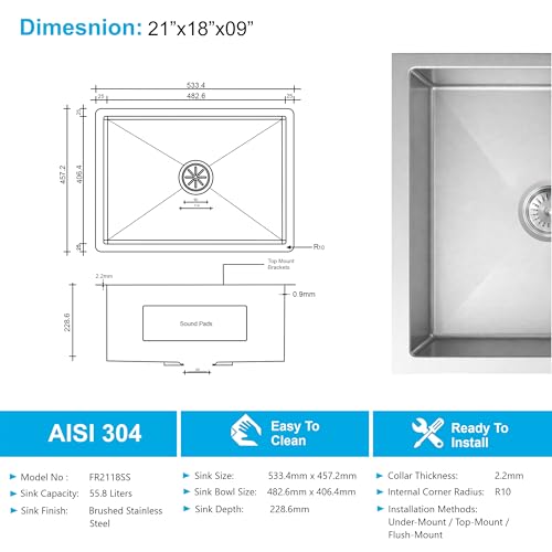 Image of Fossa Aqua 21 inchx18 inchx09 inch Inch Single Bowl Handmade Kitchen Sink 25-Year Warranty AISI 304 Stainless Steel, 2.2mm Thickness, Includes Colander, Coupling & Waste Pipe Set Silver (Matte finish)