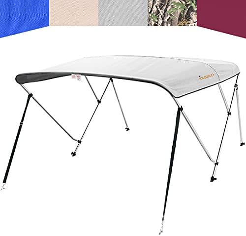KING BIRD 3 Bow Boat Bimini Top Cover Boat Canopy 1 Inch Aluminum Heavy Duty 46" Height, with Rear Support Poles and Stitched on Canvas Storage Boot (Grey, 54''-60'')