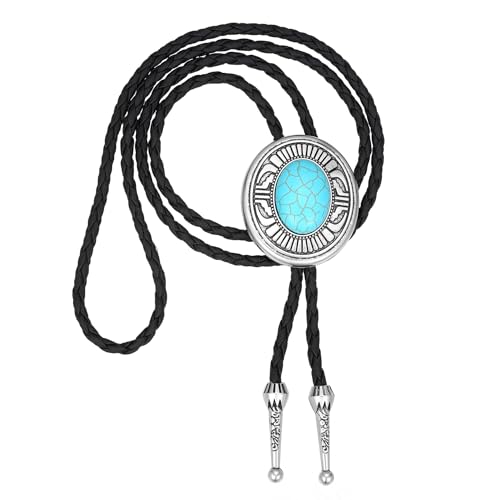 Image of AZORA Western Cowboy Bolo Tie Men Leather Necktie Leather Cord Turquoise Stone Bolo Ties for Men Women