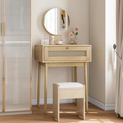 Tocador con espejo y 1 cajón de ratán, mesa de maquillaje, sin taburete, 60 × 50 × 94 cm, color natural