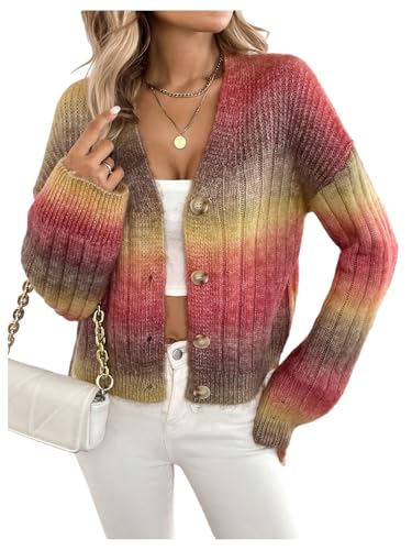 Image of MakeMeChic Women's Colorful Chunky Cropped Cardigans Button Down Long Sleeve Drop Shoulder Rainbow Sweater Rose Red Large