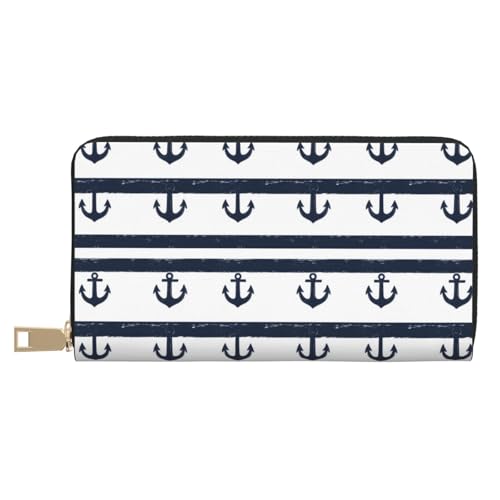 Blue White Anchor Print Wallet Women Men, Long PU Leather Wallets for Women, Cute Womens Travel Wallet Purse Pouch with Zipper Pocket