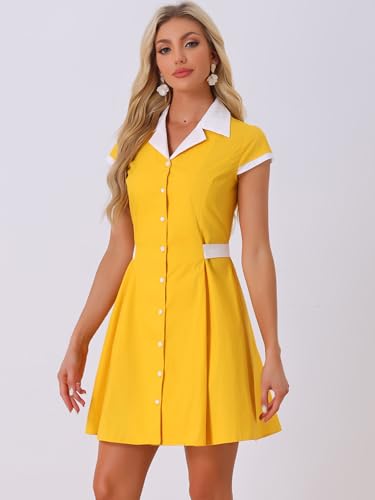 Image of Allegra K Women's Vintage Button Down Shirt Dress Notch Lapel Short Sleeve Belted Office Mini Short Dresses