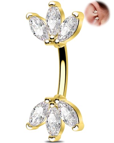OUFER 16G Gold Curved Barbell Piercing 6 mm Rook Piercing 316L Edelstahl mit Klar Marquise CZ Eleganter Eyebrow Bar Körperschmuck Knorpel Ohrpiercing Rook Helix