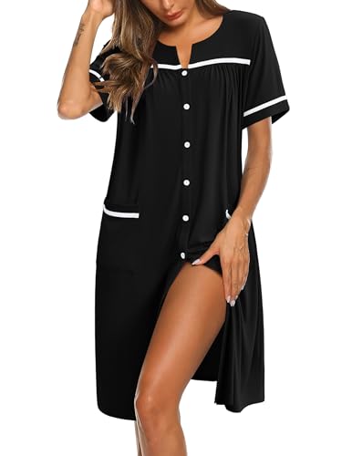 Image of Ekouaer Nightgowns for Women House Dress with Pockets Button Down Sleepshirt Short Sleeve Nightshirt Housecoat