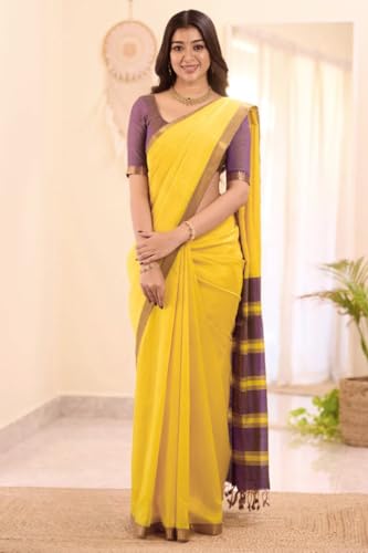 Image of Women's Cotton Woven Soft Sarees With Attach Blouse Piece.