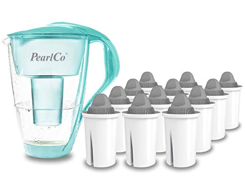PearlCo - Filtro de Agua de Vidrio (Menta) con 12 Cartuchos de Filtro Protect+ Classic - Adecuado para Brita Classic Cover