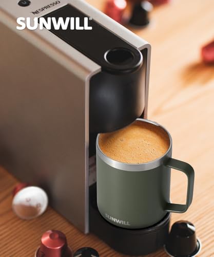 Image of SUNWILL Travel Coffee Mug with Lid, Insulated Tumbler with Handle, 14 oz Stainless Steel Cup for Home, Office, Camping, Powder Coated Camp Green