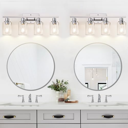 Image of Indoi 4-Light Bathroom Light Fixtures, Chrome Modern Vanity Lights with Clear Glass Shades, Bathroom Wall Lamp for Mirror Living Room Cabinet Bedroom Porch