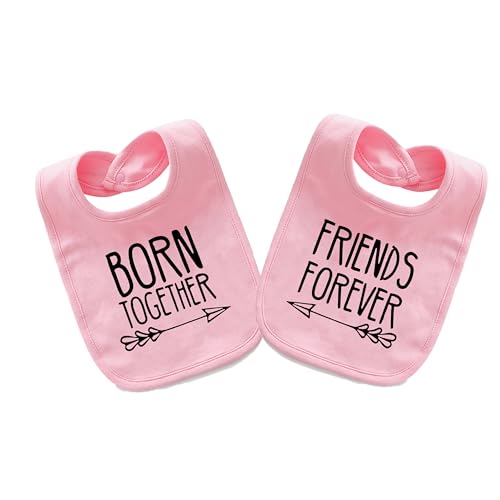 Image of YSCULBUTOL Baby Twins Bibs Born Together Friends Forever Newborn Baby Cute Unisex Bibs Infant Twin Outfits(Pink)