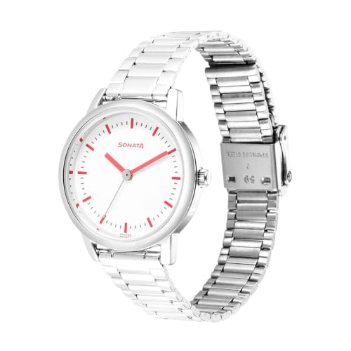 Image of Sonata Plain 3 Hands Metal White Round Dial Steel Colour Stainless Steel Strap Womens Watch - 8172SM02