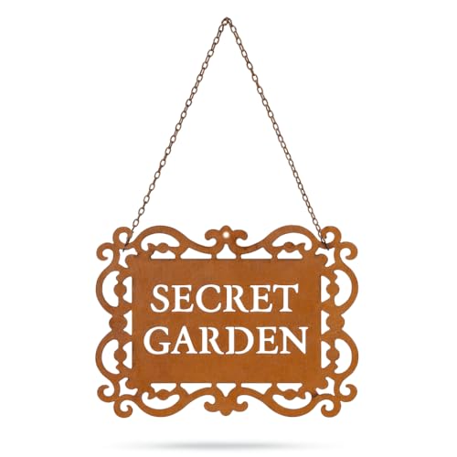 Handchic Rustic Iron “Secret Garden” Hanging Sign, Natural Rust Patina Metal Plaque with Ornate Cutout Scrollwork and Chain, Garden Gate & Wall Decor, 7.9 × 5.9 Inches