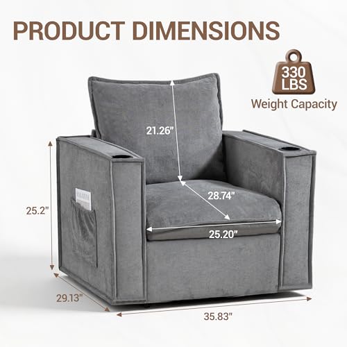 Image of Accent Chair with Cup Holders & Side Pockets, Modern Chenille Armchair for Living Room, Bedroom, Grey