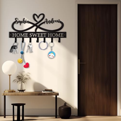 Dyoart Personalized Key Holder Wall Mounted - Custom Couple's Name Metal Key Holder for Wall, Love Shape Key Hooks for Wall, Housewarming Wedding Gifts, Key Holder Wall Hanging for Bedroom Entryway