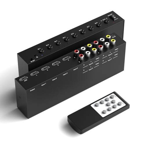 8 in to 1 Out RCA/HDMI Switcher,4 Way HDMI 2.0 + 4 RCA to HDMI Converter,4:3/16:9 Switcher Support 4K and 3D for PS1/2/3/4/5, N64, SNES, Switch, DVD, Roku, Fire Stick,etc.