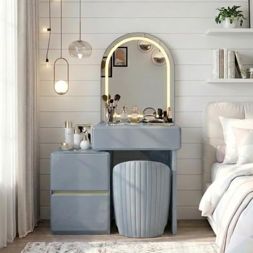Image of GLOSSIQUE High Gloss Dressing Table with Mirror and Stool, Touch Control LED Mirror 3 Lighting Modes, Vanity Desk with 3 Drawers, Modern Makeup Table for Bedroom, Grey