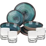 Melamin Geschirr Set für 4 Personen - 16 Teile - blau braun - mit Trinkgläsern - Campinggeschirr Camping Geschirr
