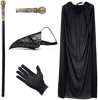 Plague Doctors Mask Long Nose Bird Steampunk Mask Halloween Costume Props Gothic Retro Leather Bird Mask with Black Gloves, Cane, Black Hooded Cloak for Halloween Party Masquerade