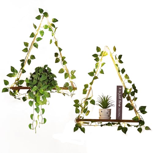 Funvalley Surperfect Set di 2 mensole sospese in corda con striscia LED, edera artificiale, leggera, in legno, stile bohémien, decorazione da parete con corda e ganci, WPX-BK-025