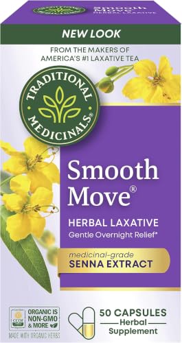 Image of Traditional Medicinals Organic, Smooth Move Laxative Capsules - Organic Senna & Licorice Laxatives for Constipation - Kosher, Non-GMO, Stimulant-Free - 50 Capsules (Pack of 6)
