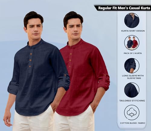 Image of Zombom Men's Combo Cotton Polyester Blend Solid Full Sleeve Straight Regular Fit Mandarin /Chinese Collor Kurta (Pack of 2)