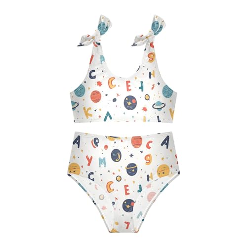 JUNZAN Cartoon Outer Planets Alphabet White Girls Bikinis Cute Elastic 2 Piece Swimwear Toddler Girls Swimming Tankini 3T2