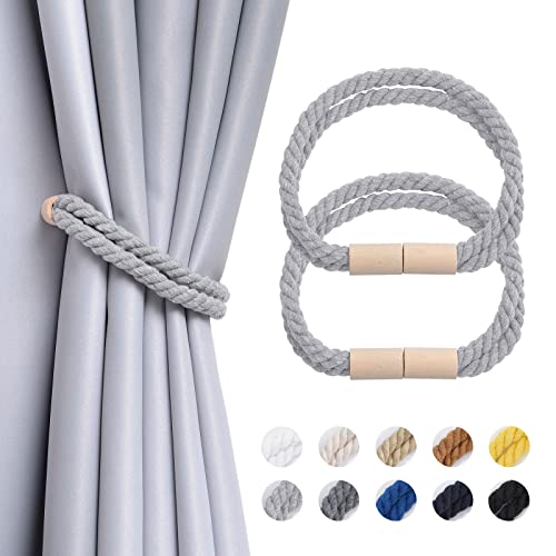 NICEEC 2 Pack Wooden Magnetic Curtain Tiebacks Boho Decoration Drape Tie Backs Natural Cotton Handmade Double Rope Curtain Holdbacks for Home & Office Window Drapery (Light Grey)