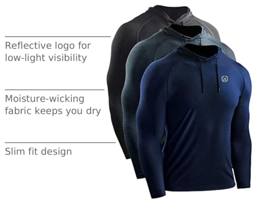 Neleus Men's 3 Pack Dry Fit Running Shirt Long Sleeve Workout Athletic Shirts with Hoods,5071 Dark Grey,Navy,Slate Grey,US L,EU XL by NELEUS - Used condition - US$39.77