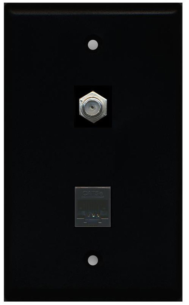 RiteAV - 1 Coax F Type and 1 Cat5e Ethernet Port Wall Plate - Black - Bracket Included