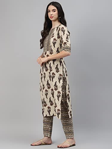 Image of Arayna Women's Cotton Printed Straight Kurta with Palazzo Pants & Dupatta Set