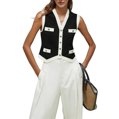 Image of Women's Striped Cropped Knit Vest - Sleeveless V Neck with Gold Buttons, Business Casual Multi-Season Layering Top