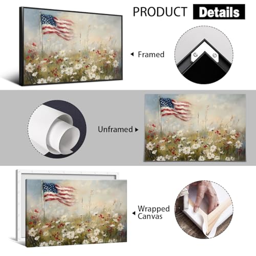 Image of American Flag Canvas Wall Art, 4th of July Patriotic Poster Print, USA Flag and Wildflower Field Landscape Picture, Rustic Independence Day Wall Decor for Bedroom Living Room 24x36in Framed
