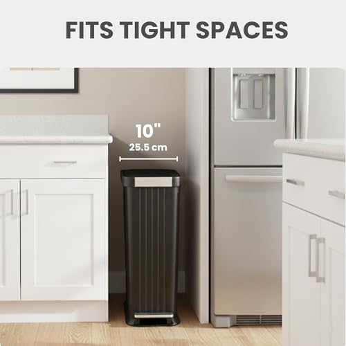 Image of iTouchless SoftStep 50 L / 13.2 Gallon Slim Step Pedal Kitchen Trash Can with Odor Filter, Indoor Recycling Bin Durable Dent-Proof, Stainless Steel Trim Garbage Bin with Lid, Home Office Black Plastic