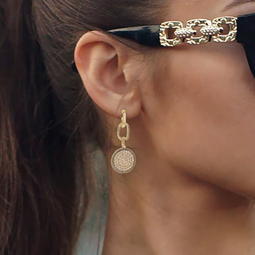 Modern Gold Crystal Drop Earrings for Women with Pavé Disc and Oval Link Design – Lightweight Statement Dangle Earrings – Trendy Fashion Jewelry Gift Idea, Gold or Silver2