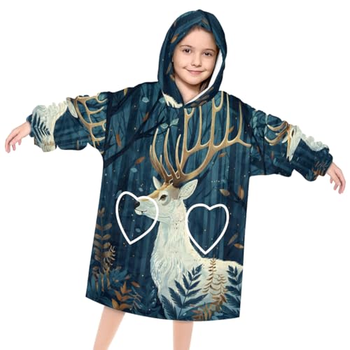 Pardick Wearable Blanket Hoodie for Kids, Leaping Deer Fleece Sweatshirt Blanket Oversized Blanket Sweatshirt with Pocket Flannel Warm Hooded Blanket 6-10 Year Old Girl Boy Gift, One Size