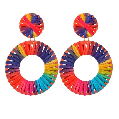 Image of Young & Forever Boho Rainbow Raffia Earring Pack - Handmade Woven Straw Geometric C-Hoop, Heart & Statement Drop Earrings for Women, Summer Beach Vacation Jewelry