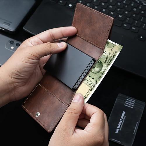 Image of The Wallet Store Maverick RFID Protected Vegan Leather Wallet Cardholder | Pop-up Cardholder | Scan Proof Wallets for Men | Aluminium Case | Up to 8 Cards | Credit & Debit Cardholder (Brown)