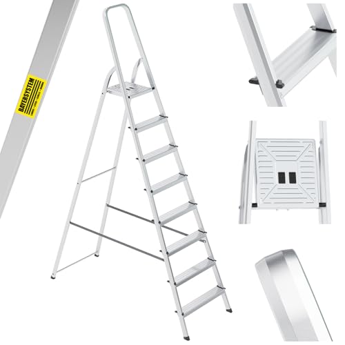 Bayersystem Aluminium-Stehleiter 8-stufig leicht klappbar tragbar robust breite Plattform 150 kg Tragkraft rutschfeste Füße Mehrzweckleiter für Haushalt Lager Büro