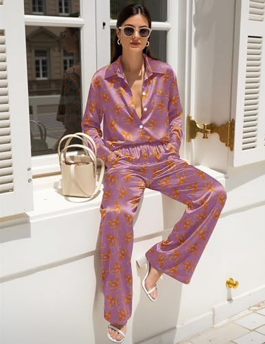 Image of Ekouaer Womens Satin Silky Pajama Set Soft Long PJs Button Down Loungewear | Print Sleepwear Cozy Lounge Set Classic Button Down Shirt and Long Pant with Pockts