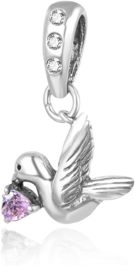 Adabele 1pc Solid Sterling Silver Sparkle Dangle Freedom Lover Bird Birthstone Charm Cubic Zirconia Diamond Compatible with Pandora All Personalized Women Charm Jewelry Making