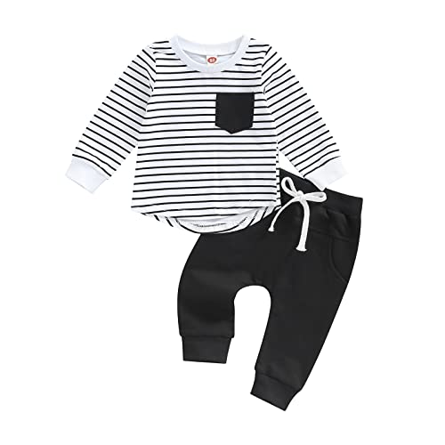 Image of Toddler Baby Boy Clothes Fall Winter Outfit Patchwork Long Sleeve Sweatshirt Tops Stretch Pants Newborn Playwear Set